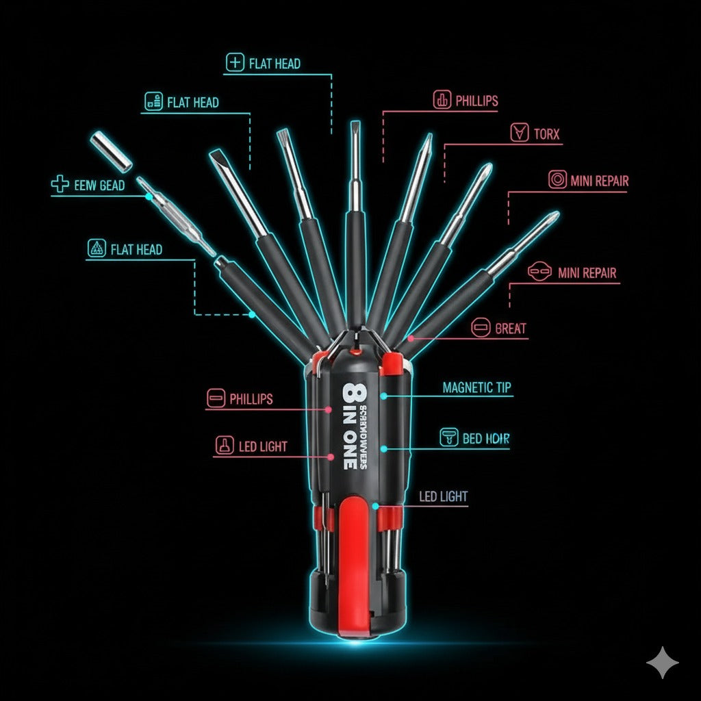 8-in-1 Multi-Purpose Screwdriver Tool with 6 LED Lights